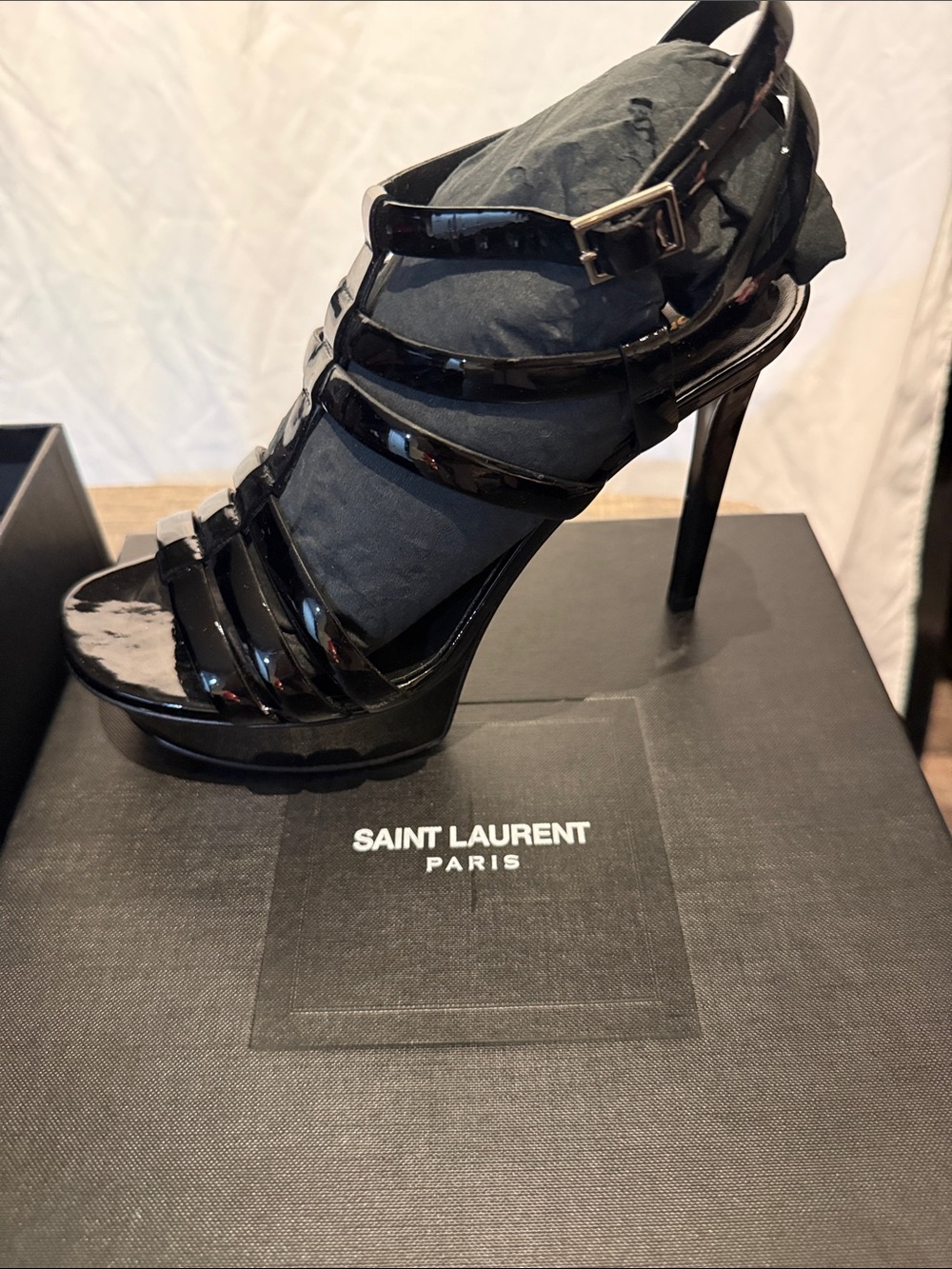 Saint Laurent Black Patent Leather Strappy Platform Heels